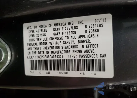 2012 Honda Accord Exl z USA, uszkodzony, nr VIN 1HGCP3F89CA039337